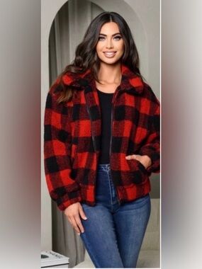 NEW Buffalo Plaid Deep Red Black Warm Lined Bomber Zippered Jacket